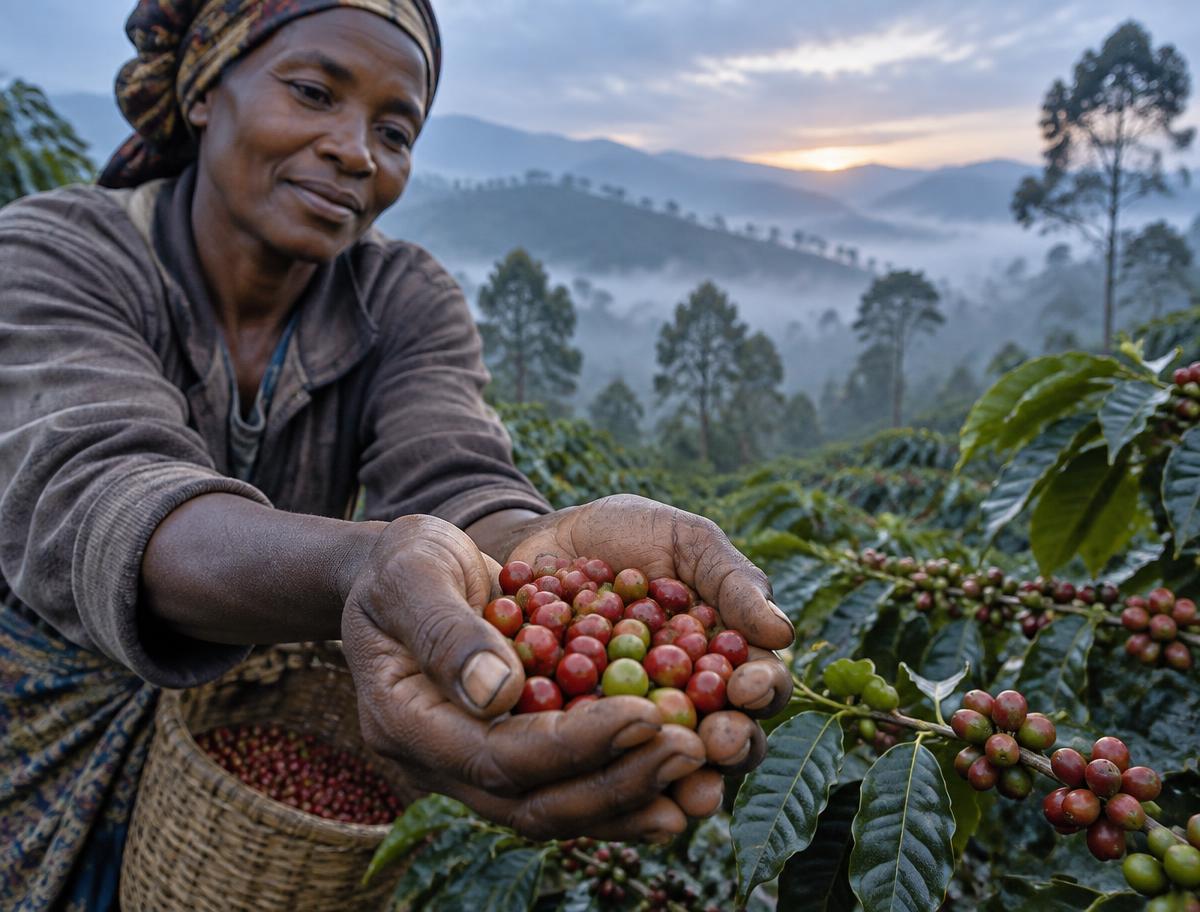 Coffee farmer on the slopes of Mt. Elgon presenting freshly picked coffee cherries